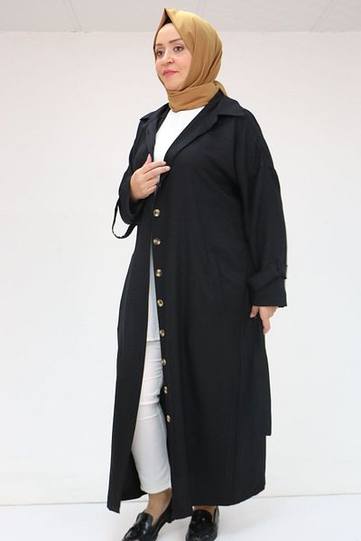 Eslina 43091 Large Size Buttoned Tie Melange Linen Trench Coat - Black