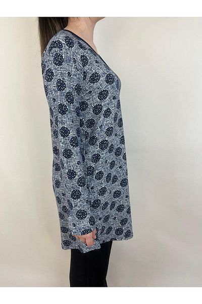 YAŞAR TRİKO Women's Navy Blue White V Neck Long Sleeve Suede Soft Fabric Tunic