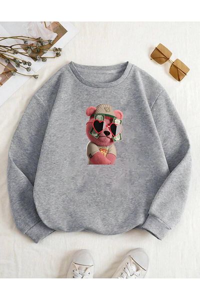 RPT MODA OVERSIZED RELAXED FIT PINK GLASSES TEDDY BEAR PRINT DETAIL BICYCLE COLLAR BASICS SWEATSHIRT TOP