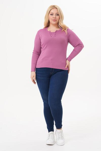 Siyezen Plus Size Double Button Detailed Cotton Lycra Basic Blouse