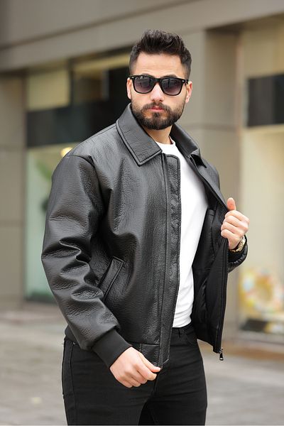 S&M CLOTHİNG Oversize Vintage Men's Black Leather Jacket