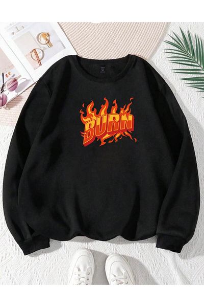 RPT MODA Oversized Casual Cut Burn Print Detail Cycling Collar Basic Sweatshirt Top
