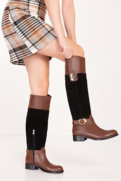 Gondol Hakiki Deri Renk Kombinli Şık Binici Çizme Bel.1668