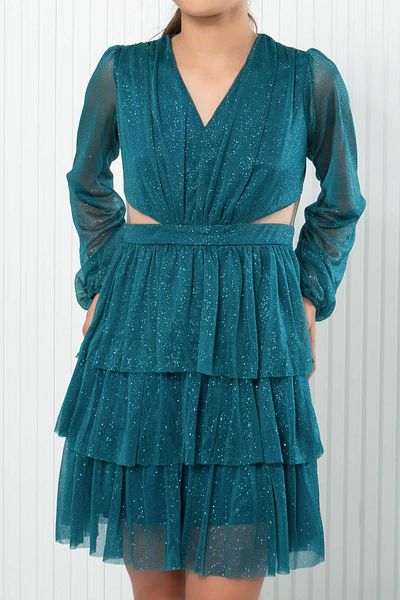 SUBU TASARIM Petrol Color Children's Evening Dress - Ruffle and Glitter Tulle, MDV308