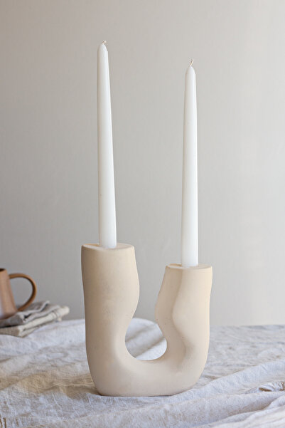 SANAT SEPET İŞLERİ Bej İskandinav Tarzı Büyük Asimetrik 2 kollu Beton Şamdan ...