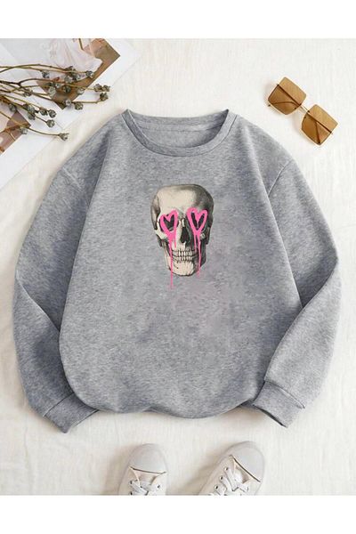 RPT MODA Oversized Casual Cut Hearted Skull Print Detail Cycling Collar Basic Sweatshirt Top