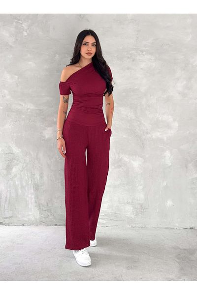 LOOKMEG Women's Off-Shoulder Seersucker 2-Piece Set with Pockets