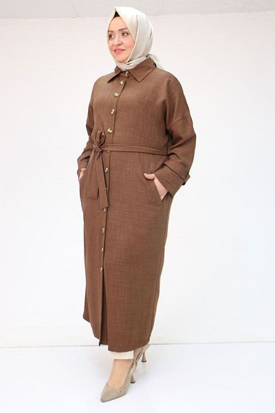 Eslina 43091 Large Size Buttoned Tie Melange Linen Trench Coat Brown