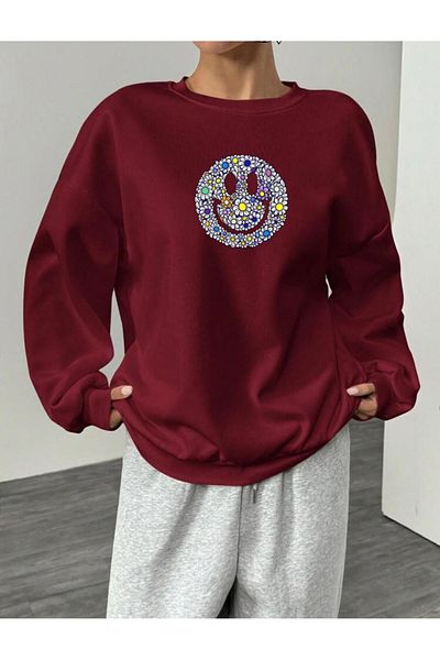 RPT MODA Oversized Casual Cut Flower Emoji Print Detail Cycling Collar Basic Sweatshirt Top