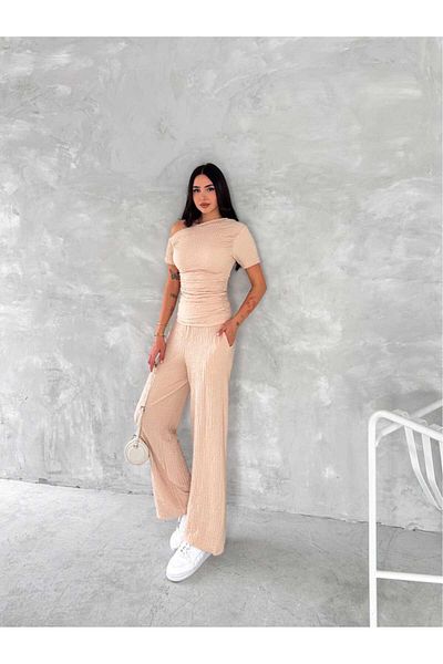 LOOKMEG Γυναικείο σετ Seersucker 2 τεμαχίων με τσέπες εκτός ώμου