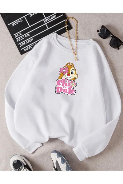 RPT MODA Oversized Casual Cut Rabbit Print Detail Basic Sweatshirt Top with Crew Neck