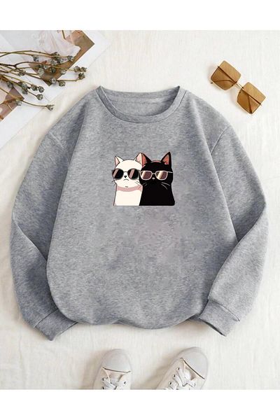 RPT MODA Oversized Casual Cut Cat with Eyeglasses Printed Detail Cycling Collar Basic Sweatshirt Top