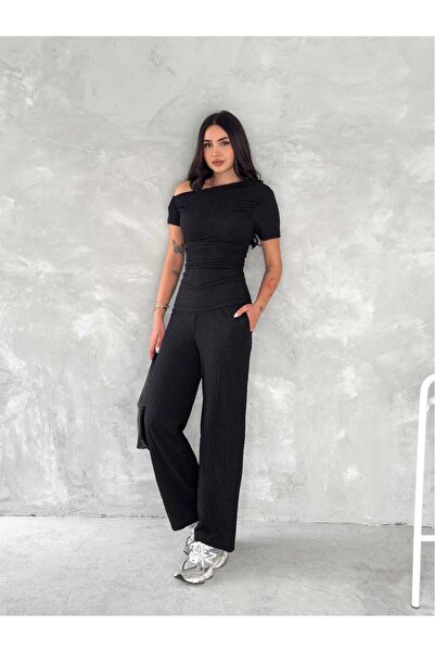 ALLEYTA Γυναικείο κοστούμι με ανοιχτό ώμο Seersucker με τσέπες