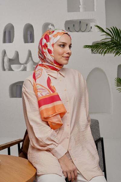 AFVENTE Κόκκινο μαλακό βαμβακερό σάλι - Μοτίβο φύλλων