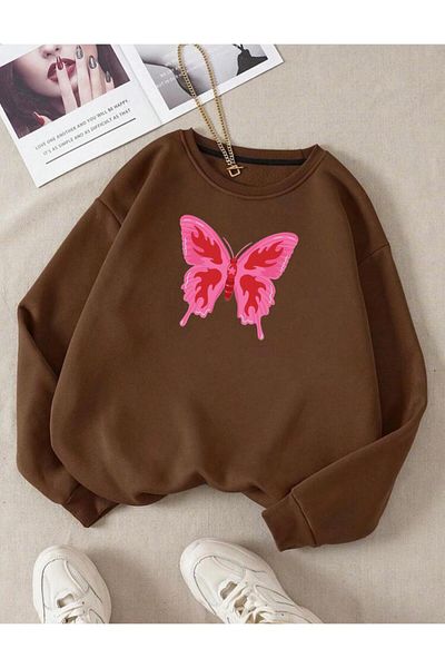 RPT MODA СУИТШЪР С ОБЪРЗАНА УДОБНА КРОЙКА, РОЗОВ ПРИНТ С ПЕПЕРУДИ, ДЕТАЙЛИРАН, ОБЪКЛО ЯКЛЕ, БАЗОВ ТОП