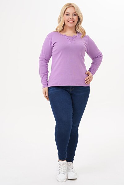 Siyezen Plus Size Double Button Detailed Cotton Lycra Basic Blouse