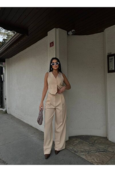 owwon طقم بنطلون وسترة نسائي بيج