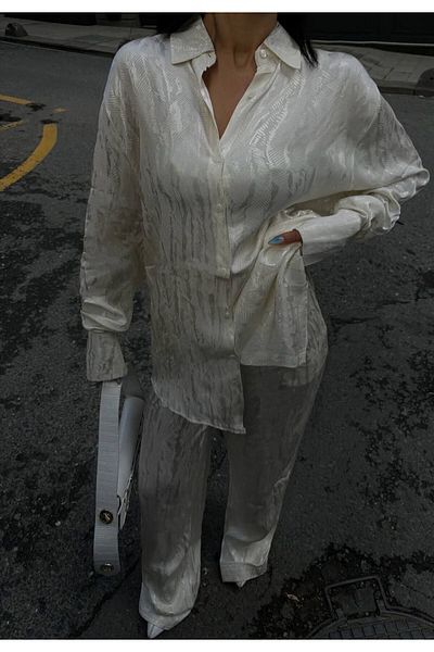 owwon Women's White Jacquard Trousers Shirt Double Satin Set