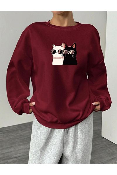 RPT MODA Oversized Casual Cut Cat with Eyeglasses Printed Detail Cycling Collar Basic Sweatshirt Top