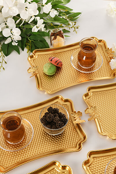 AKSESUAR EVRENİ Fiano Kelebek Petek Model Kelebek Detaylı Sunum Tepsisi Gold 6 Lı Takım