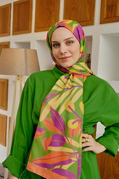 AFVENTE Πράσινο μαλακό βαμβακερό σάλι με μοτίβο τροπικών φύλλων