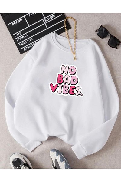 RPT MODA Oversized Casual Cut No Bad Print Detail Cycling Collar Basic Sweatshirt Top