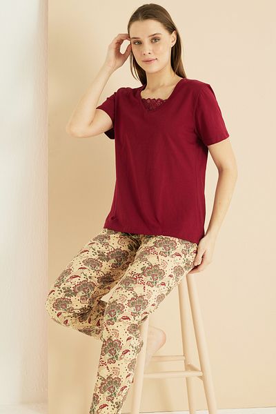 Siyah İnci Set de pijamale tricotate din bumbac cu decolteu rotund cu imprimeu burgundă 25103265
