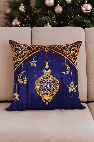 Sakallı Set de 4 huse de pernă cu tematică Ramadan, culoare albastră, imprimate digital cu model semilună