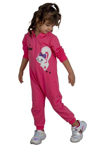 Riccotarz Baby Girl Pink Jumpsuit with Cat and Miaw Text Printed and Zippered Front Hooded