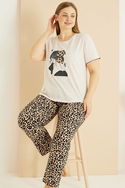 Siyah İnci Σετ πιτζάμες από βαμβακερό μοτίβο μπεζ Leopard Plus Size Oversize 25103723