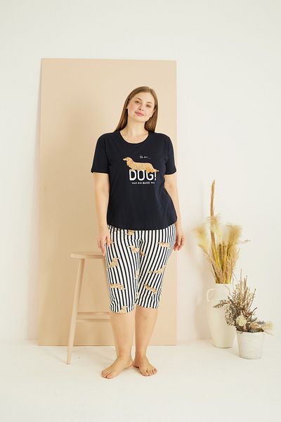 Siyah İnci Navy Blue Patterned Curve Plus Size Oversize Cotton Capri Suit 25102728