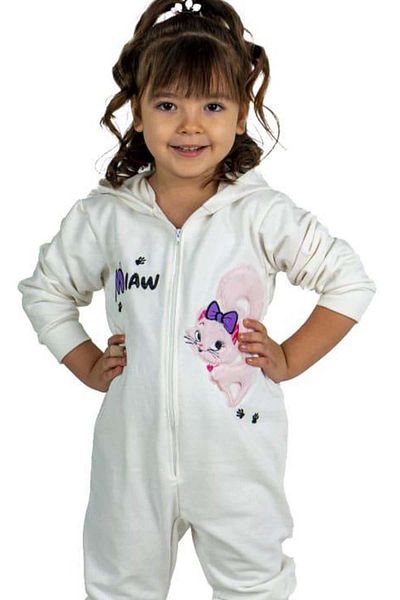 Riccotarz Baby Girl White Jumpsuit with Cat and Miaw Text Printed and Zipper Front Hooded