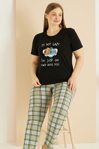 Siyah İnci Set de pijamale supradimensionate din bumbac cu model negru Curve Plus Size 25103731