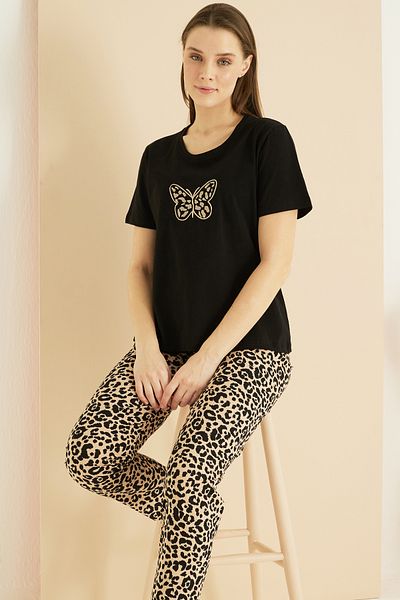 Siyah İnci Black Leopard Print Cotton Crew Neck Knitted Pajama Set 25103238