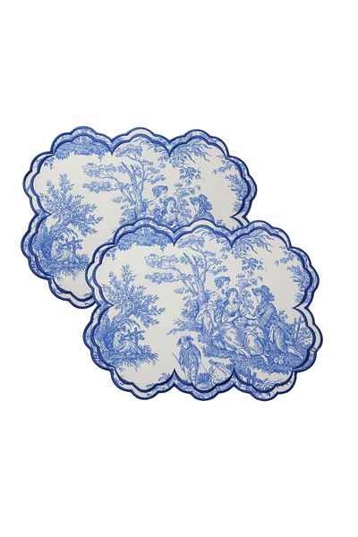 Beige & Stone Blue White Vintage Embroidery Embroidered American Service Set of 2