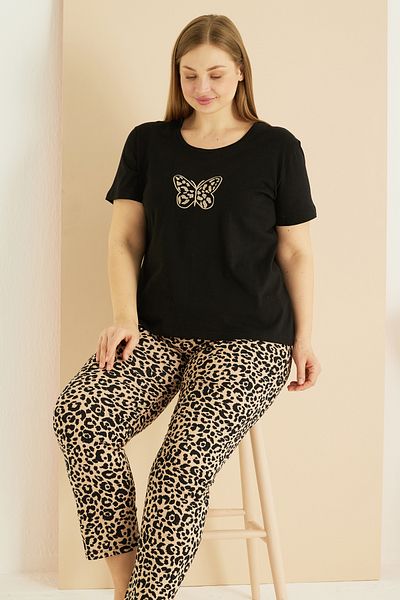 Siyah İnci Black Leopard Pattern Curve Plus Size Oversize Cotton Pajama Set