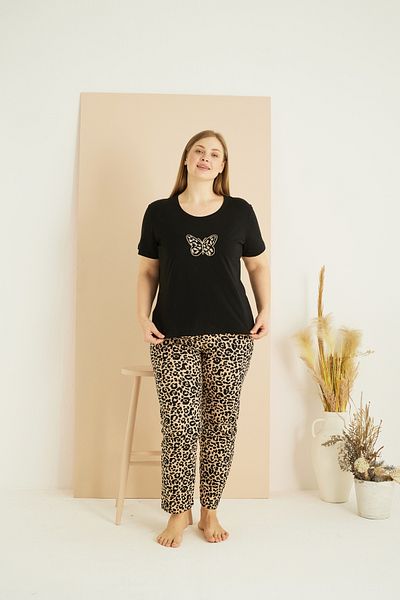 Siyah İnci Black Leopard Pattern Curve Plus Size Oversize Cotton Pajama Set