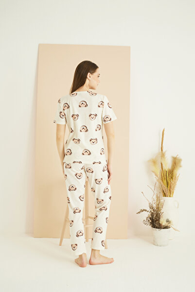 Siyah İnci Σετ πλεκτής πιτζάμες από βαμβακερό λαιμόκοψη με σχέδιο αρκουδάκι εκρού 25107141