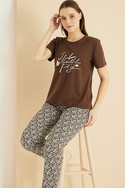 Siyah İnci Σετ πλεκτές πιτζάμες με καφέ σχέδιο Cotton Crew Neck 25103253