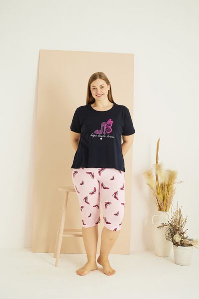 Siyah İnci Navy Blue Patterned Curve Plus Size Oversize Cotton Capri Suit 25102757
