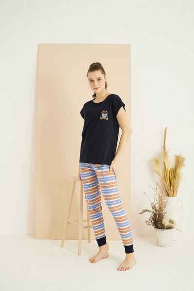 Siyah İnci Navy Blue Patterned Cotton Crew Neck Knitted Pajama Set 25107135