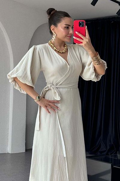 solena sln Women's V Neck Balloon Sleeve Summer Linen Dress