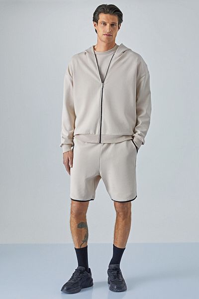 GRIMELANGE Ralf Men's Hooded Long Sleeve Print Detailed Zippered Oversize Light Gray Jacket