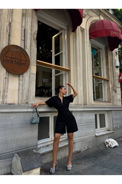 LB Laluna Butik Kadın Düğme Kapamalı Cepli Kısa Kol Şort Tulum