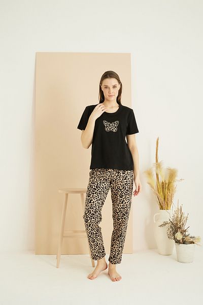 Siyah İnci Black Leopard Print Cotton Crew Neck Knitted Pajama Set 25103238