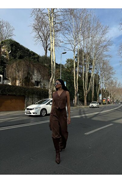 owwon Set de pantaloni de damă Bitter Brown cu vestă dublă