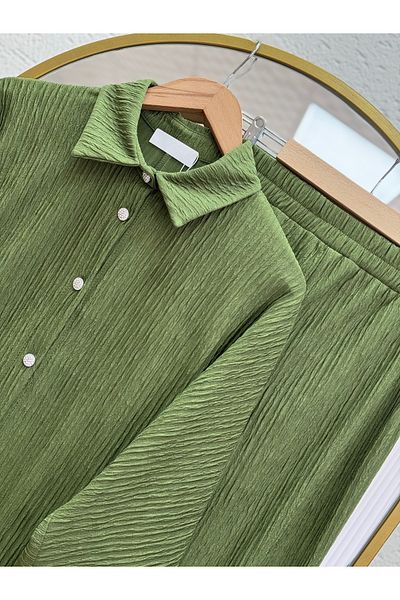 Ebrar Store Zeliha Low Sleeve Drop Fabric Pants Suit-Ay8584 Green