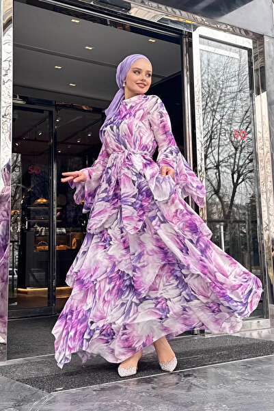 Hasenna ELB017 ASİMETRİK KESİM ŞİFON ELBİSE