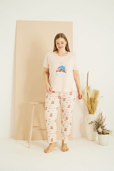 Siyah İnci Σετ πιτζάμες με μοτίβο σολομού Curve Plus Size Oversize Cotton25103766