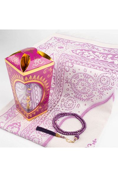 Hayrat Neşriyat Ramadan Lantern Prayer Beads + Prayer Rug Gift Set (Kraft Acetate Box, Purple)